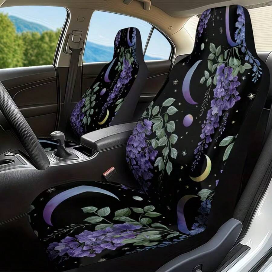 2pcs, Modern Mystical Night Sky Vines Moonflowers Stars Design Front Seat Covers, Fresh Look For Car Interior With Front Seat, Keeps Front Seats Comfortable, Ideal For Scenic Drives And Leisure Journeys - 2PCS - 查看 1