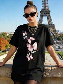 Women's Soft Casual Summer Crew Neck Short Sleeve T-Shirt, Standard Fit, Butterfly Print, Crew Neck, Versatile Casual Long Sleeve T-Shirt, Graphic Tees For Spring And Autumn, Going Out Wear, Cotton, Vintage Style, European And American Street Style, Casual Sport Style, Unisex Style, Casual Urban Style, Cute T-Shirts, G - 黑色 - 查看 1
