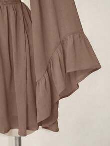 Vestido corto elegante de manga larga con cuello en V y cintura ceñida de unicolor para mujer - Caqui - Ver 9