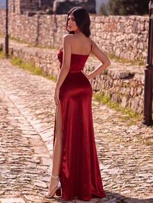 Off-Shoulder Satin Formal Dress, Elegant Bridesmaid Gown - Burgundy - View 2
