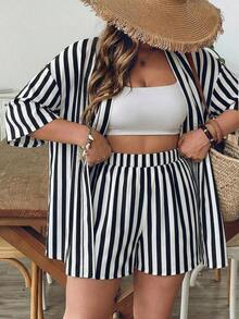 2 piezas Conjunto de talla grande Chaqueta de manga corta con estampado de leopardo, casual y de moda para uso diario - Blanco y Negro - Ver 7