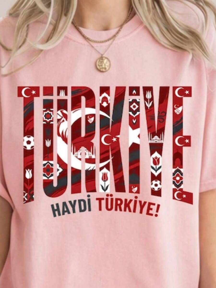 World Cup 2026 Country Teams Shirts, National Football Nations Shirts Turkey Fashionable Casual T-Shirt For Women With Creative Print, Short Sleeve, Round Neck, Spring And Summer T-Shirt Women Festive Celebration Shirt Party Wear Top - 彩色 - 查看 1