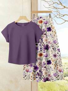 Set de 2 piezas de conjunto de ropa de vacaciones bohemia púrpura para mujer - Blusa casual de verano y falda floral para playa, crucero, festival de música, concierto, invitada de boda, viaje a la ciudad, ropa de isla, evento de música country - Multicolor 9 - Ver 1