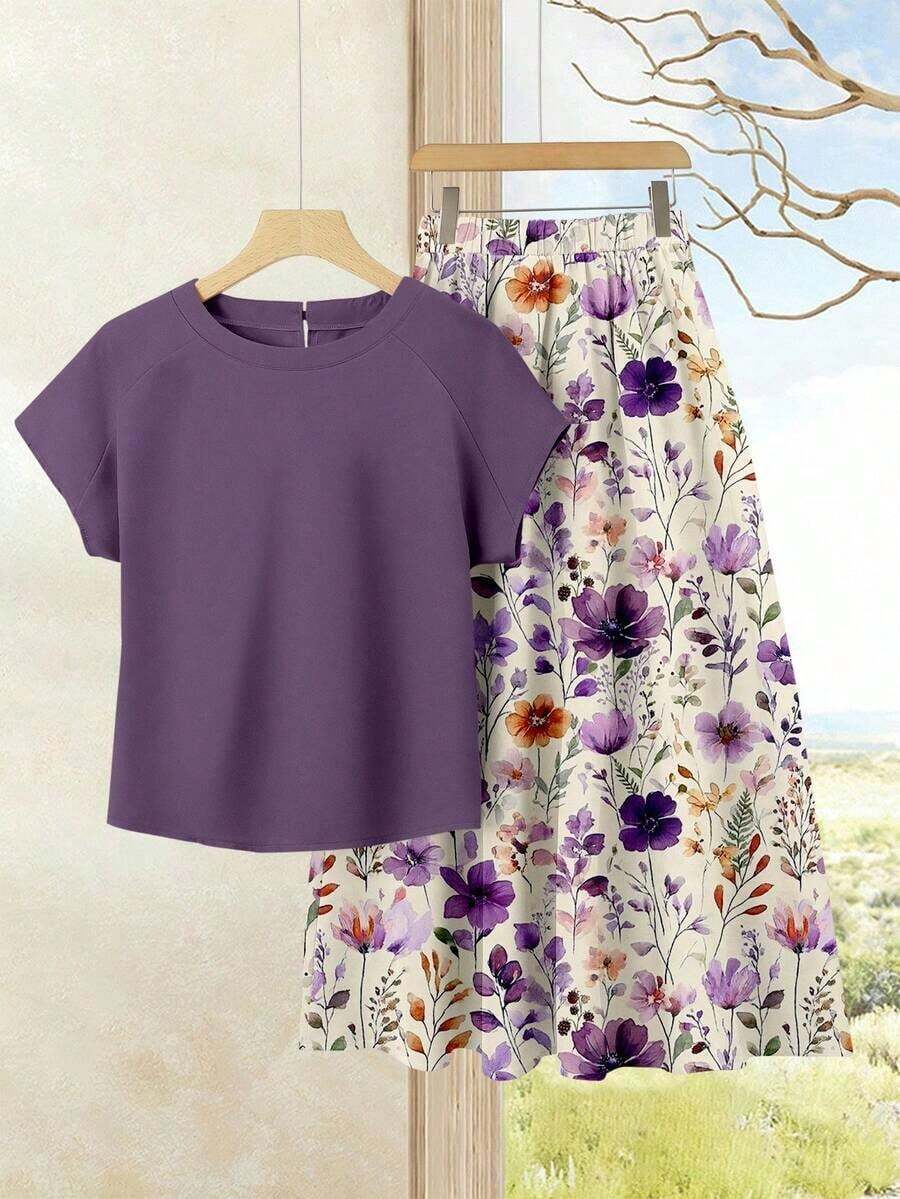 Set de 2 piezas de conjunto de ropa de vacaciones bohemia púrpura para mujer - Blusa casual de verano y falda floral para playa, crucero, festival de música, concierto, invitada de boda, viaje a la ciudad, ropa de isla, evento de música country - Multicolor 9 - Ver 1