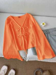 Blusa casual de mujer de manga acampanada con lazo, unicolor, top color burdeos, top rojo vino, top rojo oscuro, ropa estilo cottagecore, blusas rojas para mujer, casual - Naranja Quemada - Ver 1