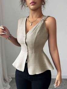 Nueva llegada Blusa de verano minimalista y elegante para mujer con diseño de hebilla de metal, cuello en V sin mangas y cintura ceñida a rayas de algodón cómodo - Albaricoque - Ver 2