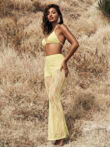 Pantalones elegantes de cintura alta con volantes de encaje para mujer, para citas, salidas nocturnas, para otoño e invierno - Amarillo claro - Ver 5