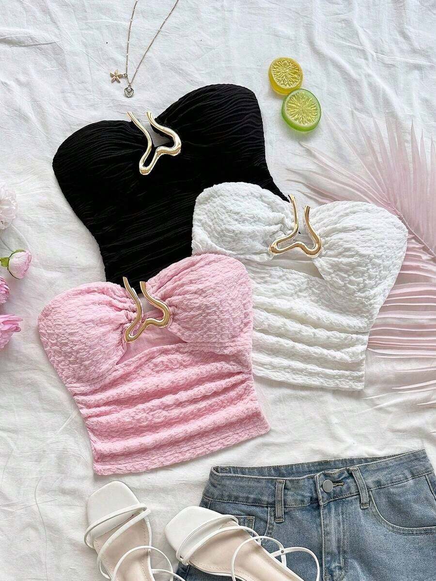 3 piezas Parte superior de camisola acortada con textura de punto para mujer con decoración de hebilla metálica con forma de corazón hueco, ajustada y estilizadora, adecuada para Navidad, cita nocturna, discoteca, playa, crucero, té de la tarde, es - Multicolor 4 - Ver 1