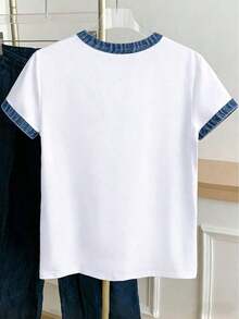 Camiseta casual de mujer de manga corta con cuello redondo y estampado de corazón en bloques de color - Blanco - Ver 2