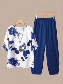 2 piezas Conjunto de top y pantalones casuales estampados para mujer - azul real - Ver 1