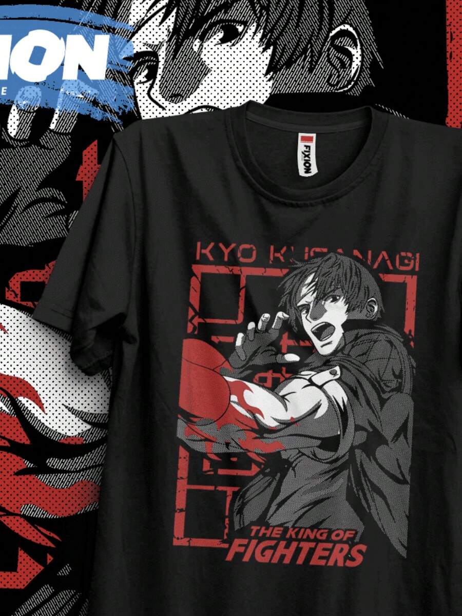 Black Short-Sleeved T-Shirt With Kyo Kusanagi Pattern From King Of Fighters, Moisture-Wicking, Breathable, Unisex Cotton Short-Sleeved T-Shirt Suitable For Both Men And Women, Crew Neck, 180g, 100% Cotton, Comfortable And Soft, Suitable For All Seasons, Perfect For Festival Gifts - 黑色 - 查看 1