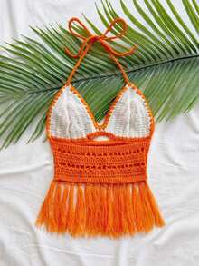 Top de punto con cuello de halter, bajo con flecos y cuentas para mujer, adecuada para vacaciones, citas, té de la tarde, playa, crucero, viaje a la ciudad, temporada de bodas, festival de música, vacaciones bohemias - Multicolor - Ver 2