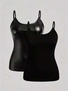 Set de 2 piezas de parte superior de camiseta ajustada casual en colores negro y blanco, adecuada para el verano, tallas grandes para mujeres - Negro 2 - Ver 1