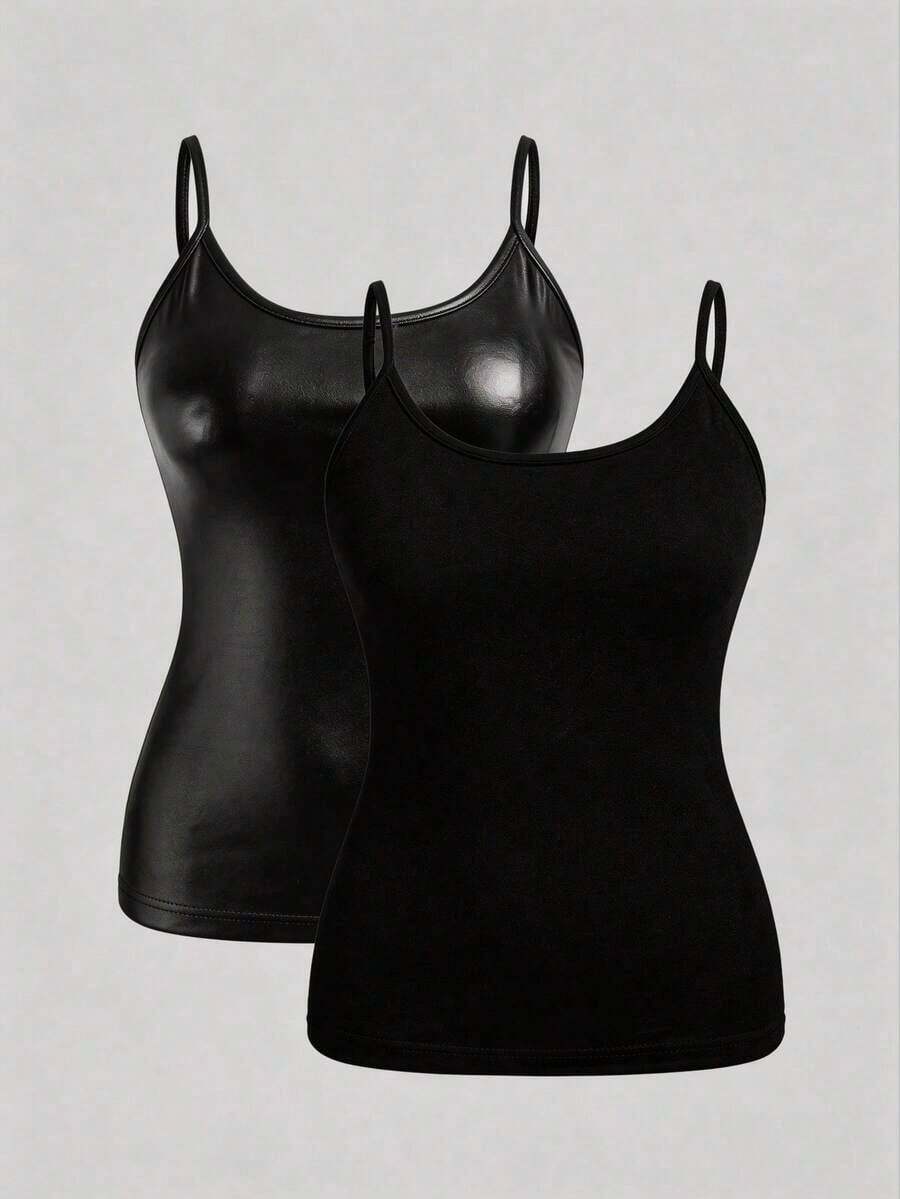 Set de 2 piezas de parte superior de camiseta ajustada casual en colores negro y blanco, adecuada para el verano, tallas grandes para mujeres - Negro 2 - Ver 1