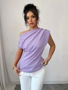Blusa de unicolor con cuello asimétrico y plisado a la moda para mujeres - Púrpura malva - Ver 6