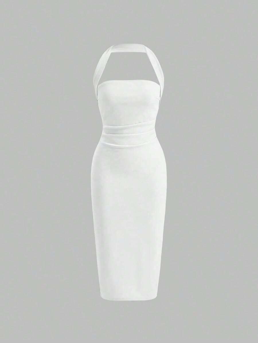 estido ajustado con cuello halter recogido y espalda descubierta - Blanco - Ver 1