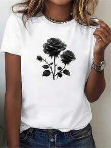 Camiseta de mujer de 180g con estampado de rosas blancas, cómoda y elegante – ideal para reuniones familiares y actividades de team-building en la empresa, y un excelente regalo para el Día de San Valentín y el Día de la Madre. - Blanco - Ver 6