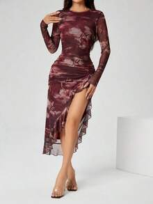 Vestido de fiesta asimétrico con abertura y hoja de loto para mujer - Negro - Ver 3