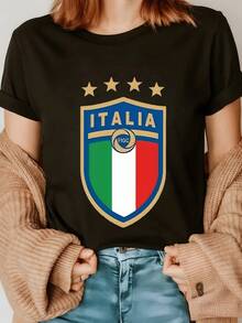 Tricolor Shield With Four Golden Stars Symbolizing National Pride And The Strength Of The Italian Team In A Vibrant And Elegant Design. Comfortable, Modern Casual Women's T-Shirt For Football Fans. - 黑色 - 查看 1