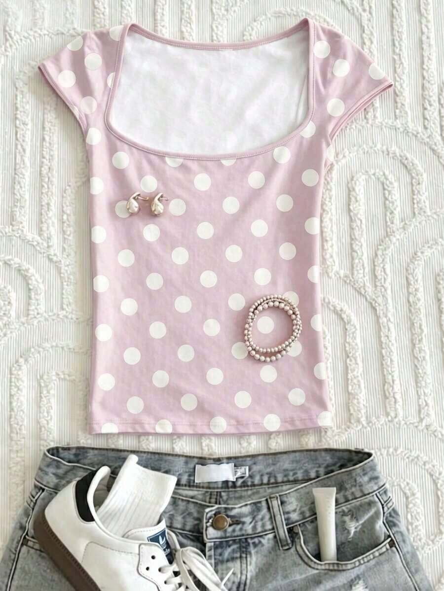 Camiseta de mujer de unicolor con cuello cuadrado y mangas cortas, versátil para uso diario y salidas - Multicolor - Ver 1