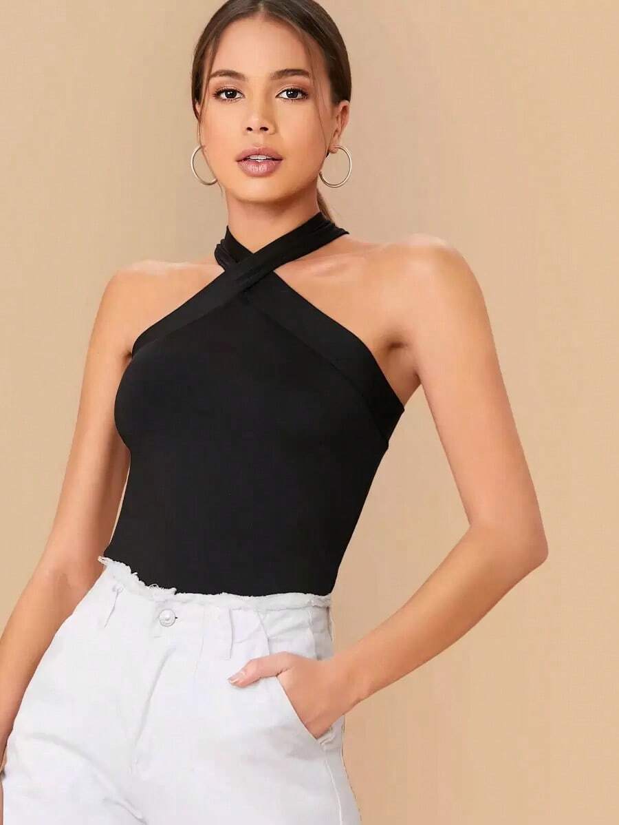 Top halter delgado unicolor con tiras cruzadas - Negro - Ver 1