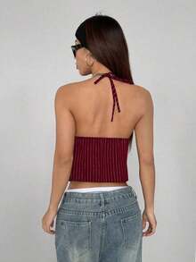 Parte superior de camisa de tirantes con cuello halter a rayas, camiseta de gráficos de verano para mujer - Burdeos - Ver 2