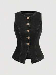 Top de mezclilla sin mangas para mujer, vaquero casual elástico y ajustado, de verano - Gris Oscuro - Ver 4