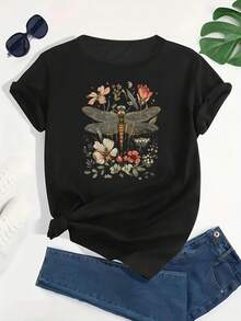 Camiseta Estampada para Mujer - Casual Fitness, Cuello Redondo, Manga Corta - Adecuada para Uso Diario Casual, Actividades al Aire Libre, 100% Algodón - Negro - Ver 3