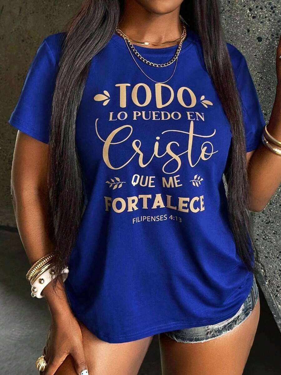 Women's Short-Sleeved T-Shirt With Round Neck And Gold Slogan Print, Urban Fashion Style, Pure-Cotton - 藍色 - 查看 1