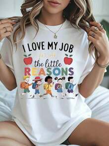 1 Piece "I Love My Job For All The Little Reasons" T-Shirt With Children's Design, Black T-Shirt For Women, Gift For School Staff, Clothing For Educational Workers, 180g 100% Cotton - 白色 - 查看 12