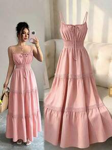 YHHElenzga Vestido elegante francés con diseño de rayas texturizadas, cuello en V, cintura con cordón y encaje, elegante y chic, adecuado para la playa, vacaciones y uso diario casualYHH - Rosa - Ver 4