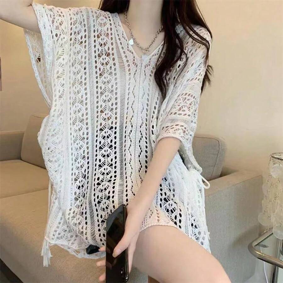 Caftán de Ganchillo Transparente de Manga Corta con Cuello en V y Abertura Lateral con Lazo, Pullover de Punto Abierto para Mujer, Ideal para Vacaciones de Verano y Playa - Beis - Ver 1