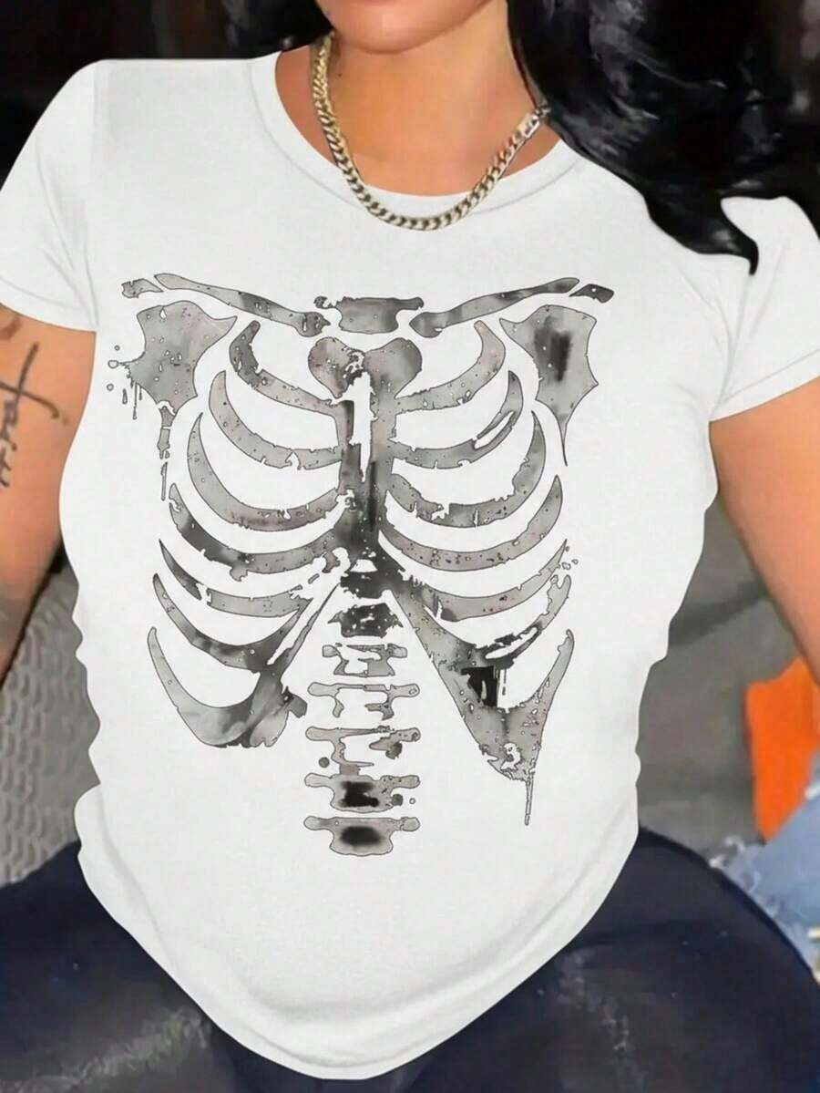 Women's T-Shirt, Skull Torso, Short Sleeve, Round Neck, 2025 Fashion, Breathable. Women's Urban Style Skeleton Print Loose Fit Round Neck Short Sleeve Spring Summer Casual T-Shirt - 白色的 - 查看 1