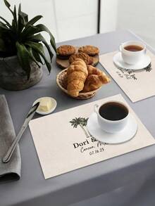 1pc Customizable Linen-Like Placemat, Wedding Memorial Placemat, Palm Tree Pattern Heat-Resistant Mat, Wedding Party Tabletop Decor, Suitable For Wedding, Anniversary, Party, Waterproof Dining Mat, Couple's Memorial Souvenir - Multicolor - View 9