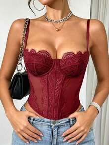 1 pieza Camiseta corta de encaje, adecuada para citas, fiestas y salidas casuales de verano - Burdeos - Ver 2