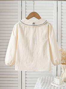Camisa de algodón de manga larga con cuello y bordado floral para niñas, otoño - Albaricoque - Ver 2