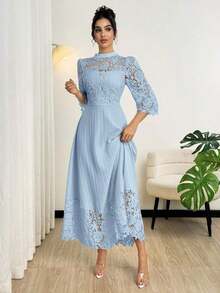 Vestido largo de manga larga con parches de bordado de ojal amarillo para mujeres - Celeste - Ver 4