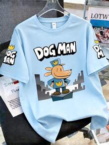 一套男童卡通侦探狗 DOGMAN 印花短袖T恤和运动裤，完美的夏季礼物，适合春夏上学和户外活动穿着。 - 彩色 - 查看 4
