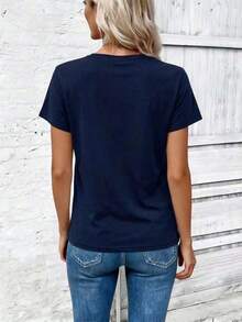 Women's Casual Short-Sleeved T-Shirt With Round Neck And Heart Print, New Spring-Summer Collection. Very Popular New Arrival. - 海軍藍 - 查看 2