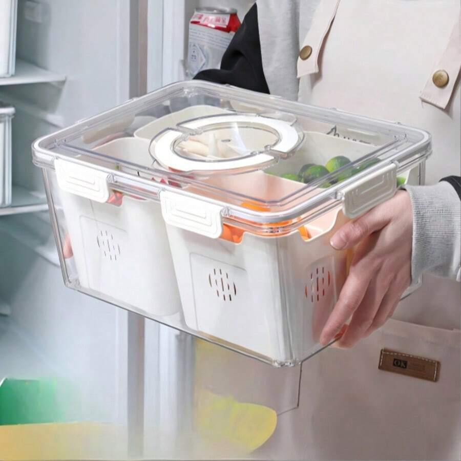 Divided Clear Refrigerator Storage Container With Airtight Lid, Detachable Compartment Fridge Organizer Bin With Drain Holes, Portable Handle Food Storage Box For Fruit Vegetable Meat Snack, Ideal For Family Kitchen, Apartment, Rental House - Multicolor - View 1