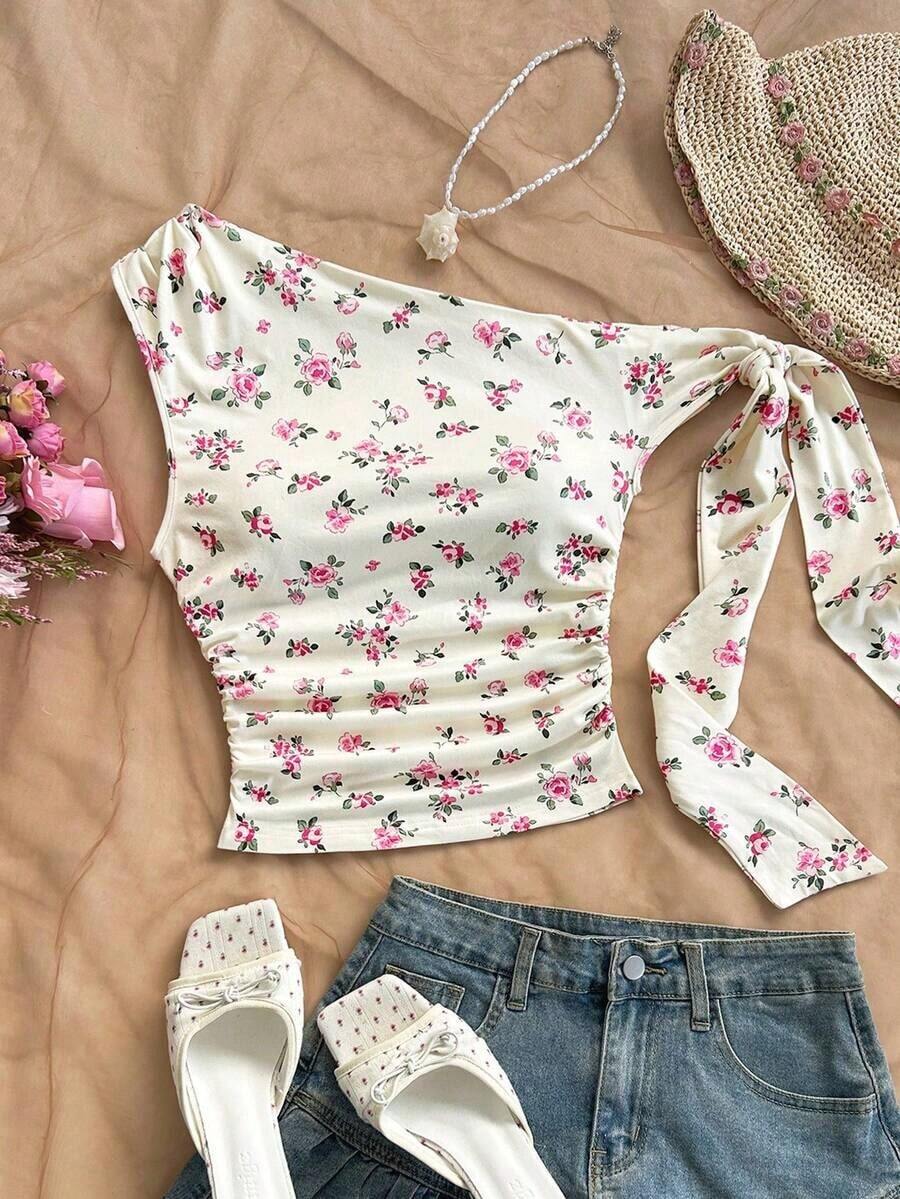 para mujeres que salen a la playa en verano, vacaciones, parte superior de mujer de color amarillo claro con hombros asimétricos, tirantes de lazo, fluida y ajustada, adecuada para fiestas, vacaciones, festivales de música, estilo bohemi - Multicolor 3 - Ver 1