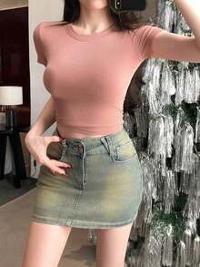 Camiseta de manga corta de unicolor casual para mujer, verano - Rosa vieja - Ver 3