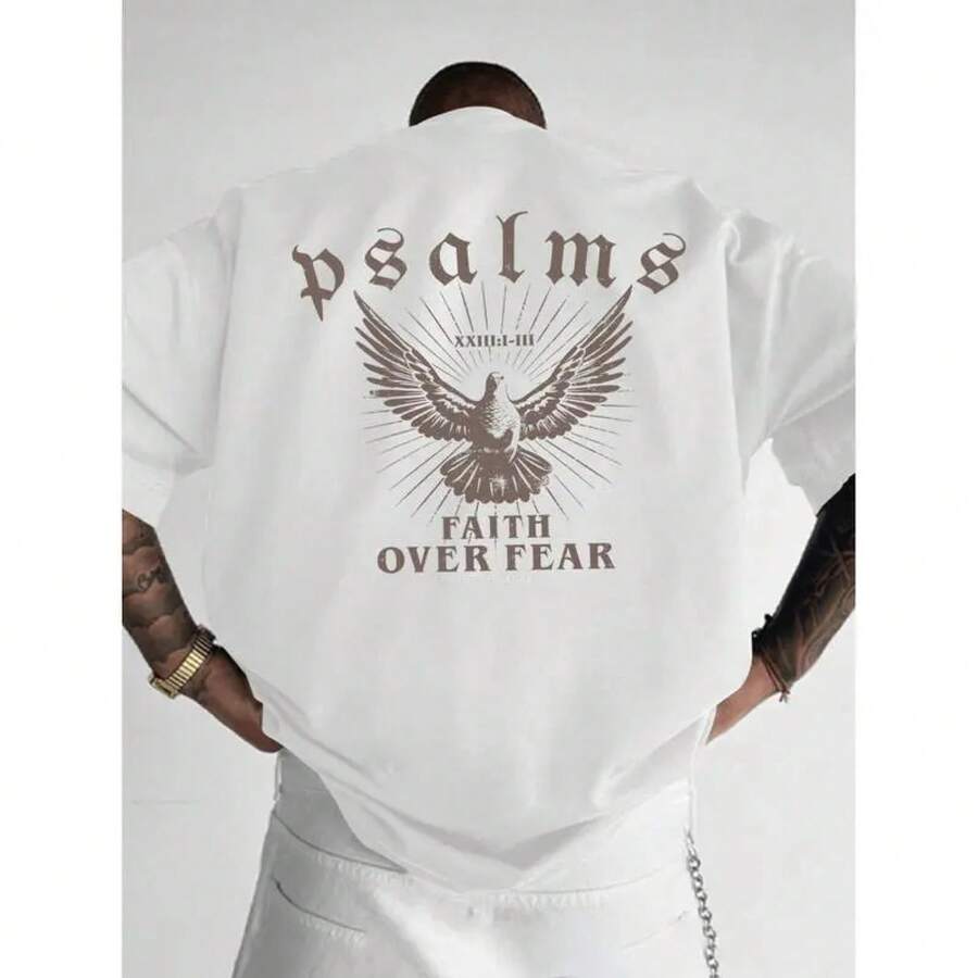 [100% Algodón] Camiseta "Faith Over Fear" con Diseño del Salmo 93:4, Corte Holgado, Cuello Redondo, Manga Corta, Para Hombre, Uso Casual, Regalo para Fanáticos del Deporte, en Negro Brillante. - Blanco - Ver 1