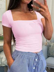 Camiseta de manga corta con cuello cuadrado de punto de unicolor, ajustada y sexy, estilo Y2K, para mujer Vaiaye, adecuada para actividades de primavera/verano y el Día de San Valentín - Rosa Pálido - Ver 10