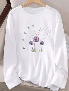 Long-Sleeved T-Shirt With Round Neck, Butterfly And Dandelion Print, Slightly Loose Fit, Essential For Casual Holidays, Machine Washable But Not Dry Cleanable, Fabric Suitable For All Seasons - [Putih] - View 2