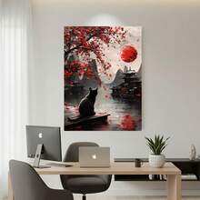 Enmarcado [2D Plano] Póster de gato oriental,  de flores rojas, pieza de arte de decoración de pared vintage, obra de  moderna, adecuado para regalos, decoración del hogar y dormitorio, aplicable para dormitorios y salas de estar, uno , diseño plano 2D. - Enmarcado - Ver 4