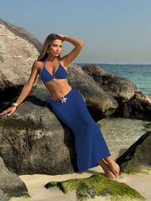 Novedad Conjunto de bikini liso - Set de 3 piezas con diseño de estrellas de mar y maxifalda de malla transparente. - Azul oscuro - Ver 12