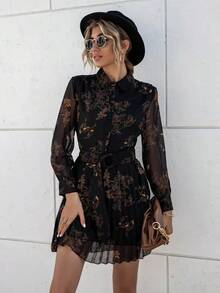 Aveloria Frievida Vestido con botón delantero con cinturón con estampado de flor - Celeste - Ver 10