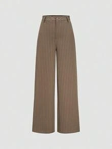 Pantalones rectos de cintura alta y pierna ancha con rayas, de moda casual para mujer en primavera - Café integral - Ver 5