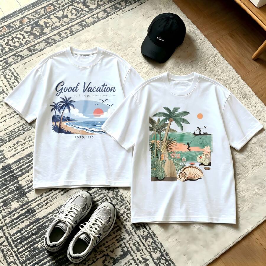 2-Piece Couple Matching Pattern T-Shirt, 100% Cotton, Loose Fit, Soft And Breathable, Casual Round Neck Short Sleeved Top Not Today Devil It's No Signal Lost Versatile Patterns No Picky Combinations Coordinated Dating Casual Travel Simple And Cartoonish Printing Styles High Cost-Effectiveness - 白色 - 查看 1